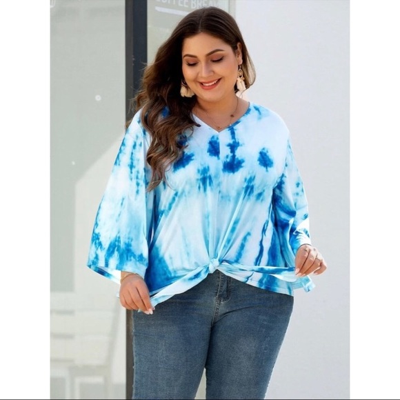 NWT Plus Size Blue & White Tie Dye Print Top - Picture 4 of 7